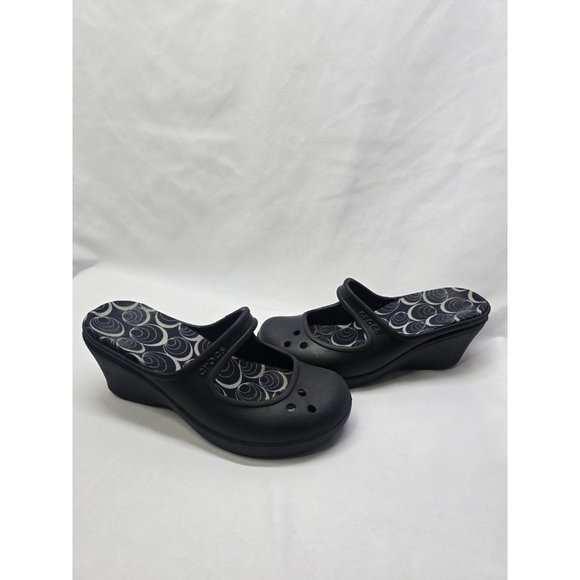Crocs Frances Mary Jane Wedge Mule Slip On Shoes Black Comfort Women’s Size 7 - Picture 2 of 8